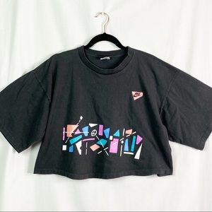 Vintage 80’s Nike Black Cropped T-shirt Bright Geometric Graphic Print Lg